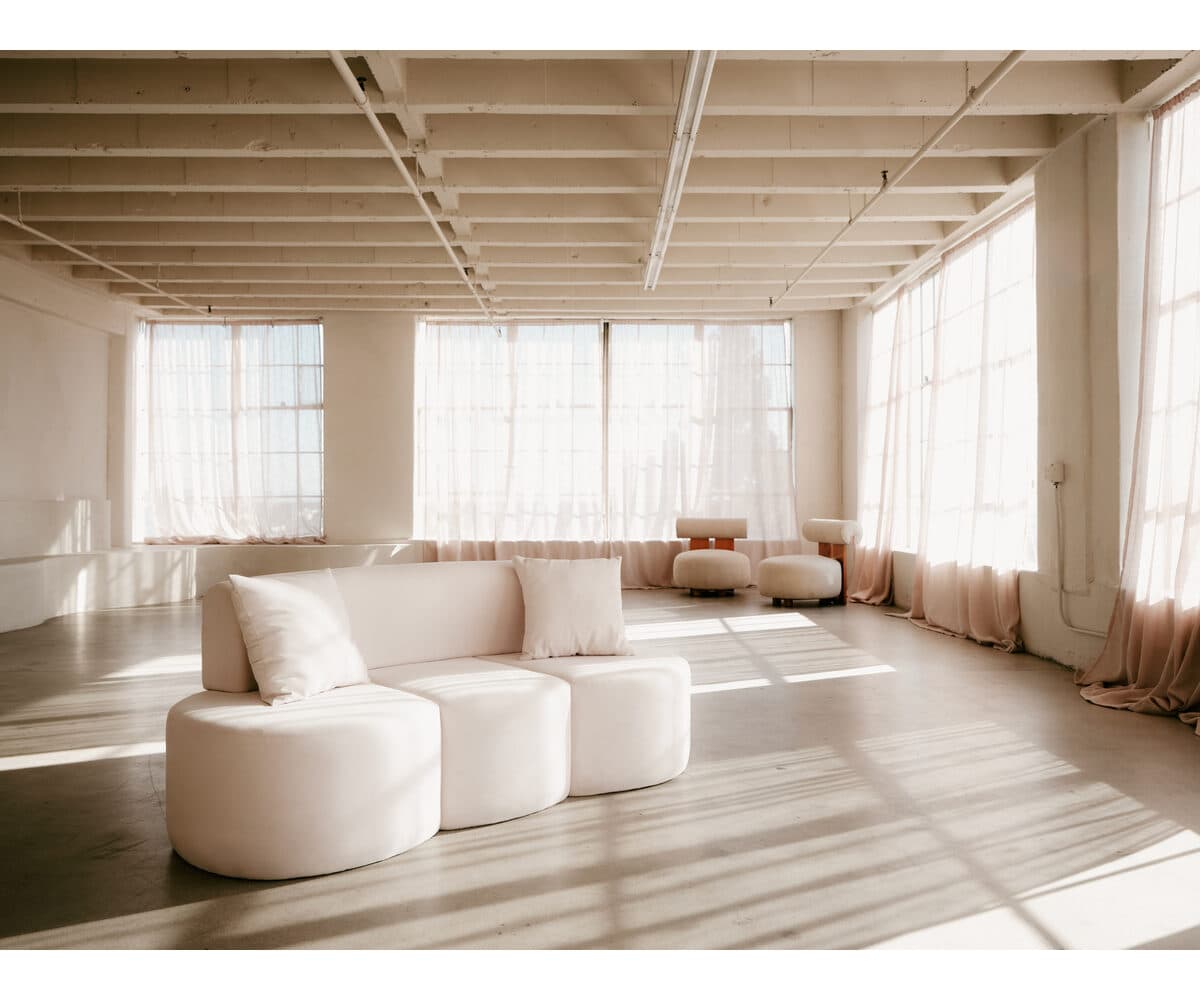 Japandi Studio, lime-washed walls and golden-hour light